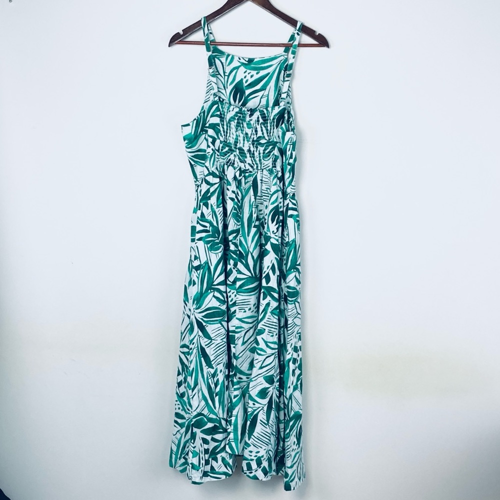 Tropical Green Leaf Print Linen Dress - Picture 3 of 7